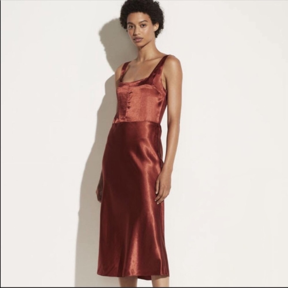 VINCE Fitted Satin Slip Midi Dress in Sangre - Picture 9 of 10